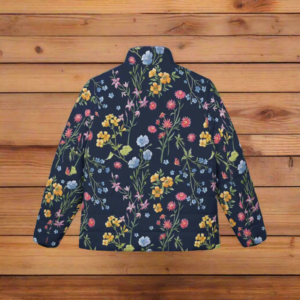 Royal Blue Flowers Puffer Jacket