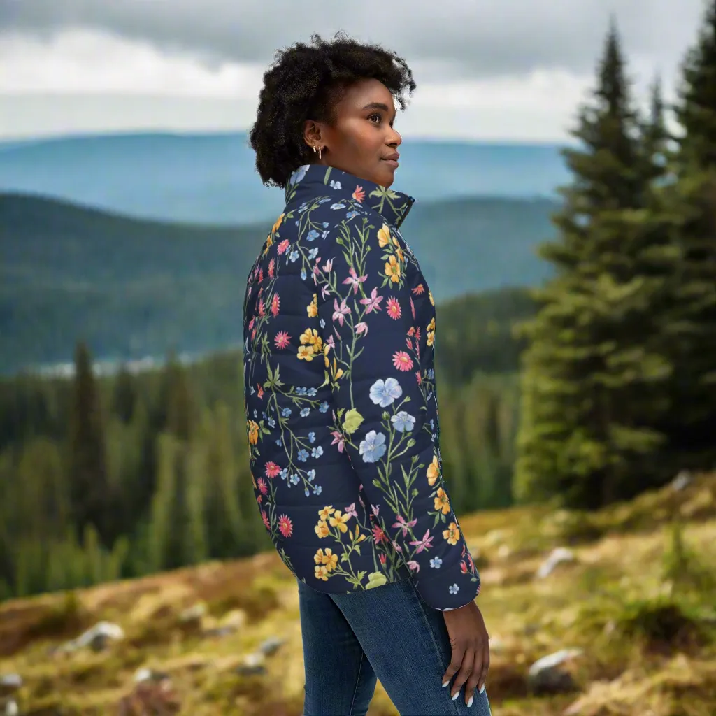 Royal Blue Flowers Puffer Jacket