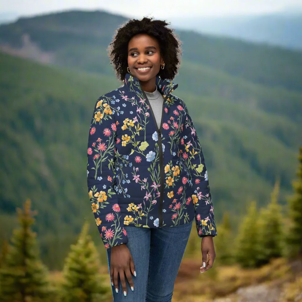 Royal Blue Flowers Puffer Jacket