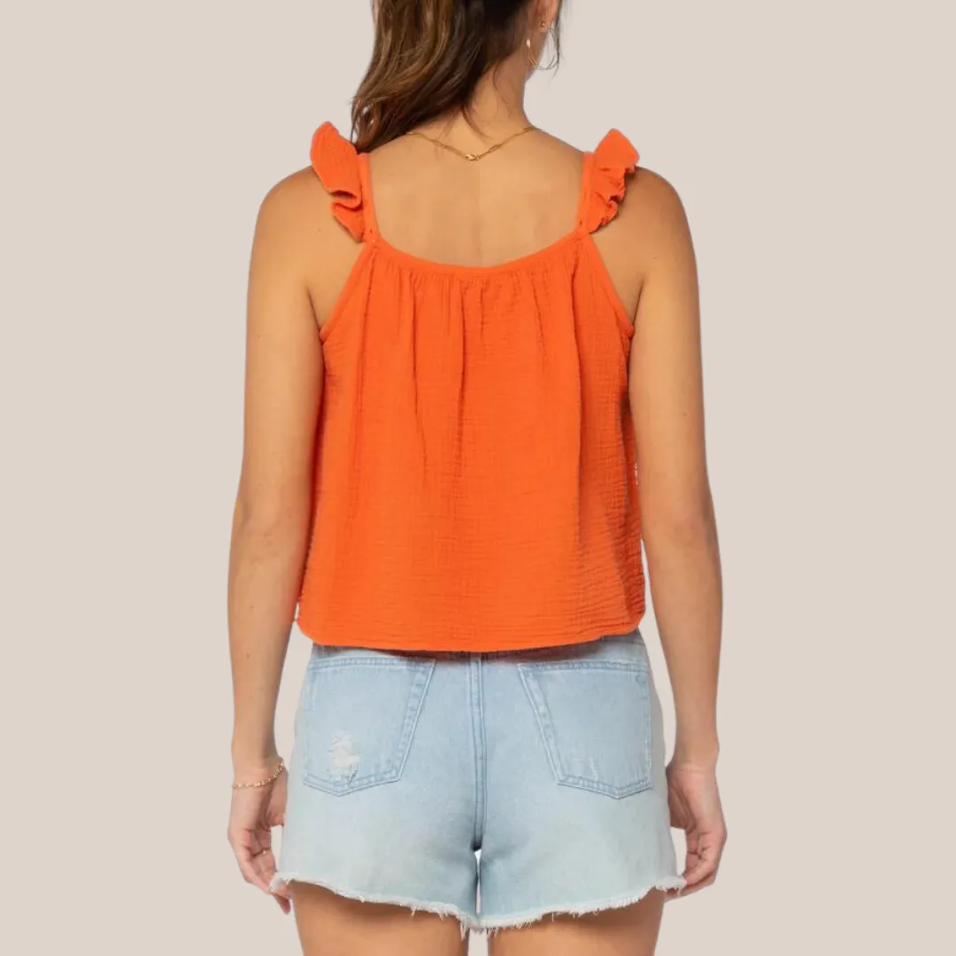 Ruffle Strap Textured Sleeveless Top - Orange