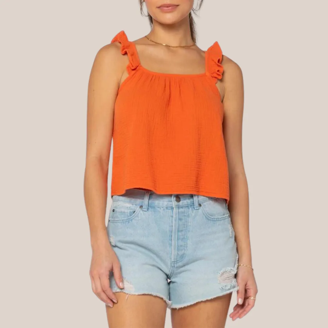 Ruffle Strap Textured Sleeveless Top - Orange