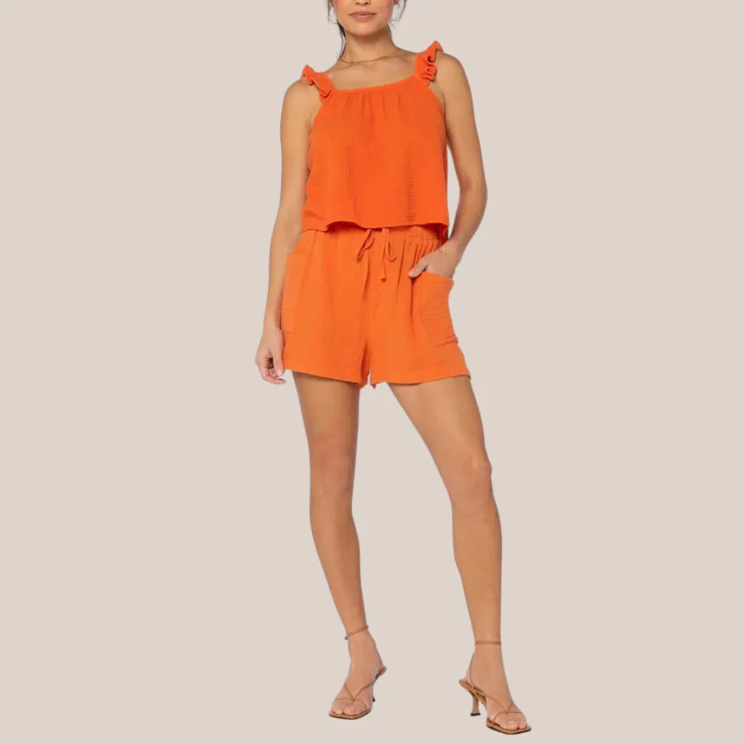 Ruffle Strap Textured Sleeveless Top - Orange
