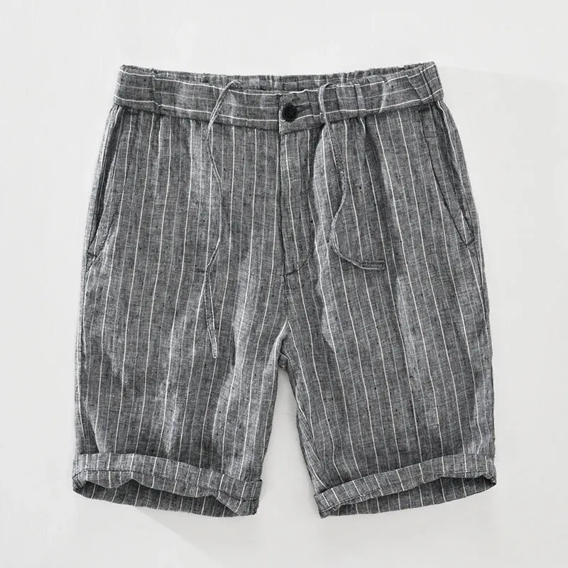 Striped Pure Linen Elastic Waist Shorts