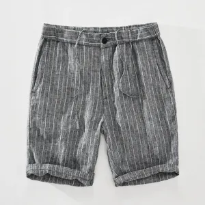 Striped Pure Linen Elastic Waist Shorts
