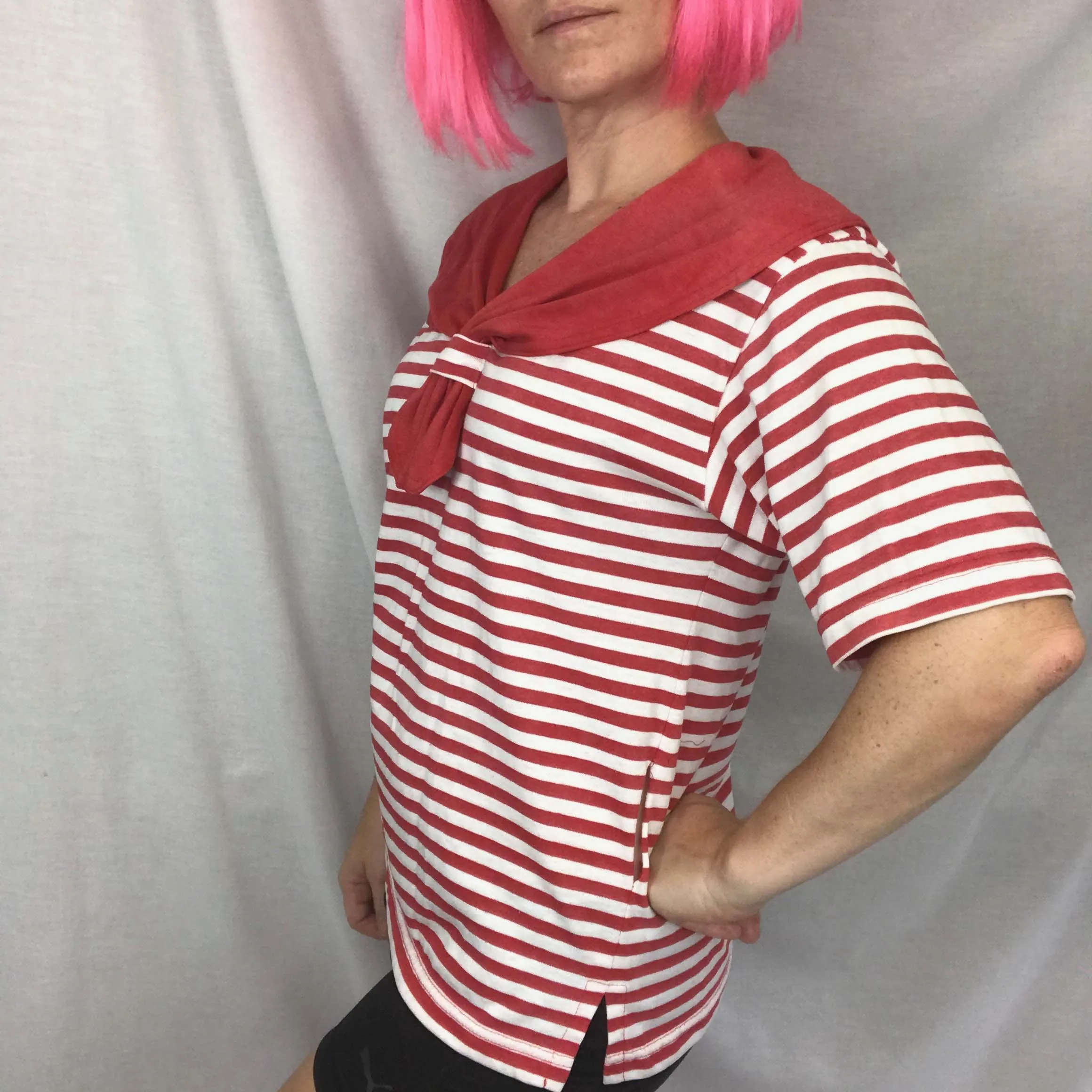 Vintage 80s | Pink Retro Striped Sailor Collar T Shirt Kawaii Tee Blouse Top | S