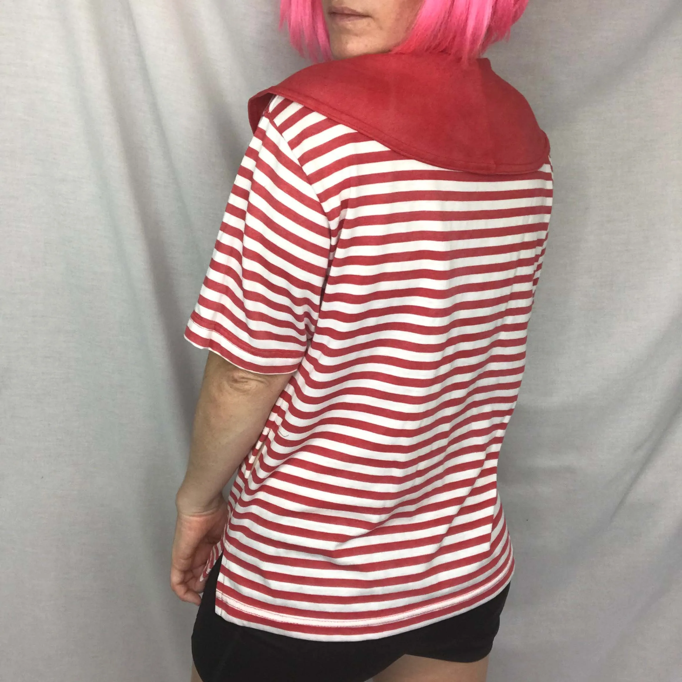 Vintage 80s | Pink Retro Striped Sailor Collar T Shirt Kawaii Tee Blouse Top | S