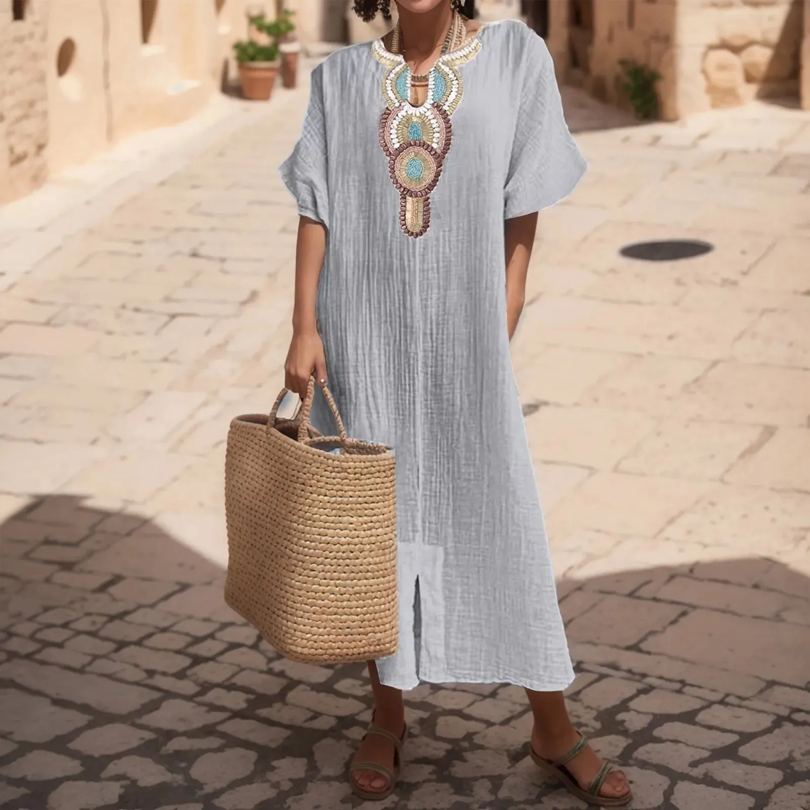 Vintage Embroidered Cotton Linen V Neck Split Maxi Party Summer Short Sleeve Loose Beach Casual Boho Dress