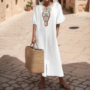 Vintage Embroidered Cotton Linen V Neck Split Maxi Party Summer Short Sleeve Loose Beach Casual Boho Dress