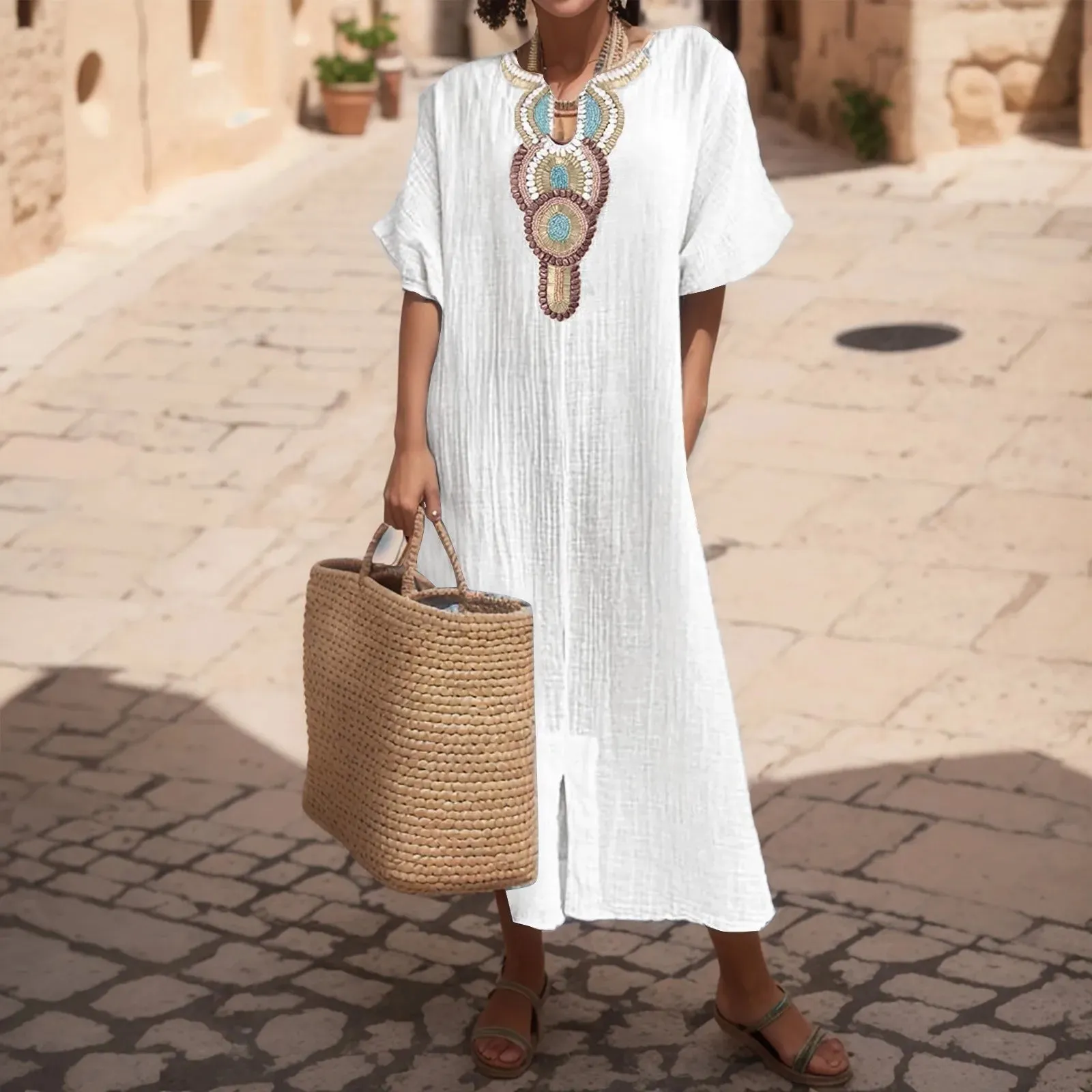 Vintage Embroidered Cotton Linen V Neck Split Maxi Party Summer Short Sleeve Loose Beach Casual Boho Dress
