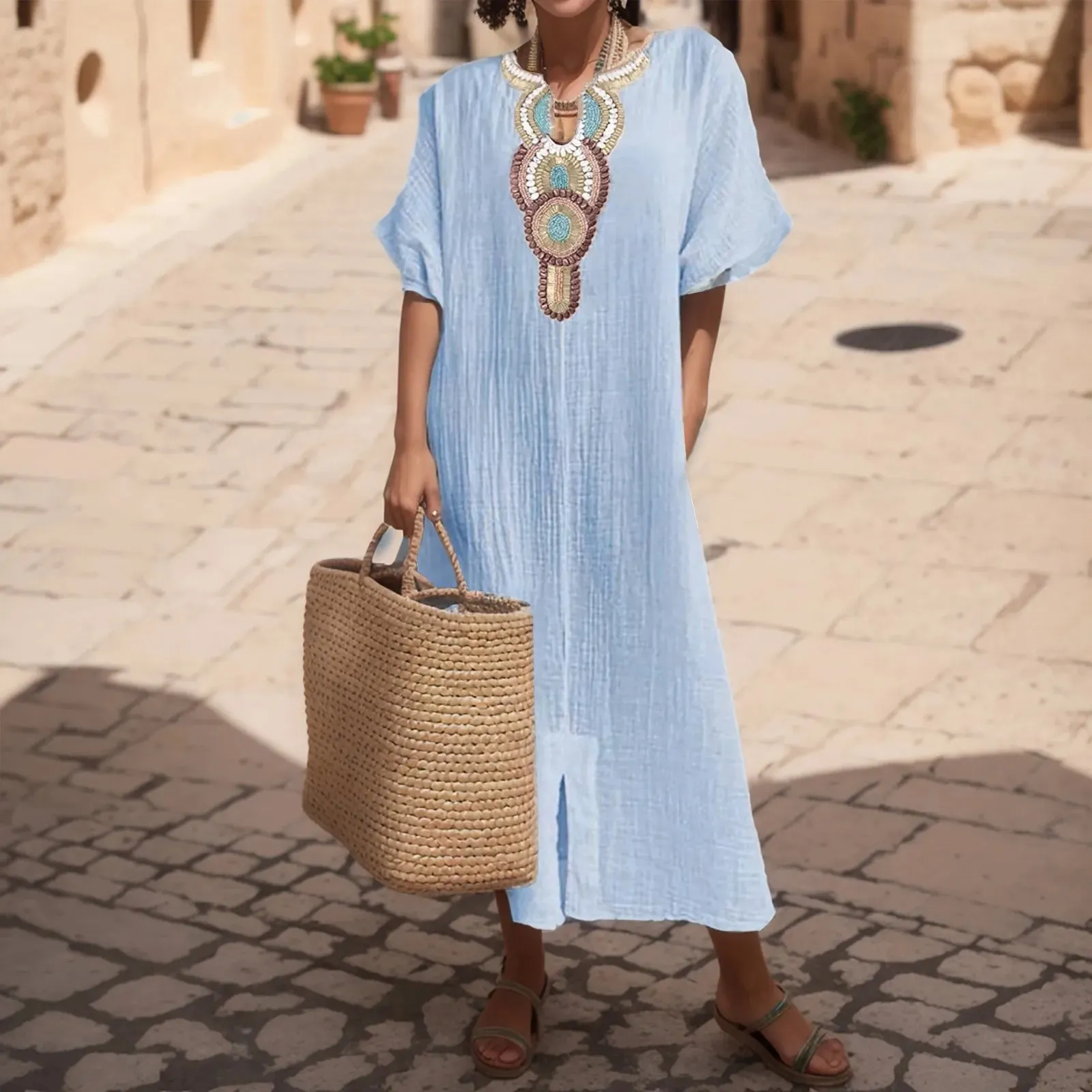 Vintage Embroidered Cotton Linen V Neck Split Maxi Party Summer Short Sleeve Loose Beach Casual Boho Dress