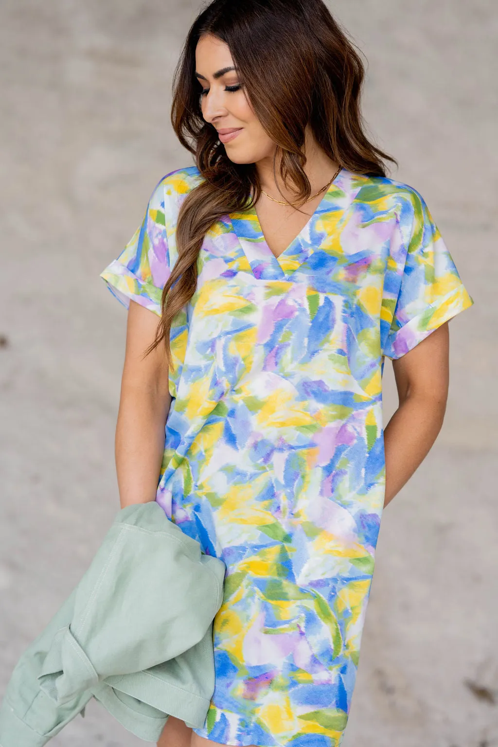 Watercolor Strokes Cuffed Sleeve Dress
