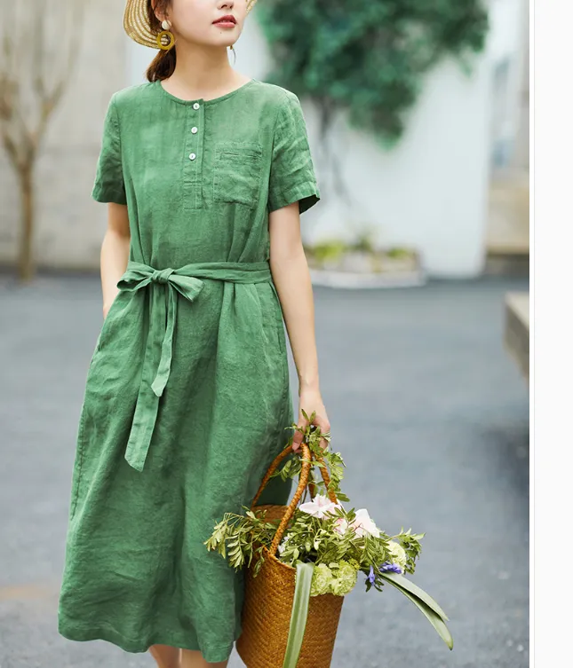 Women Dresses Ramie Casual Summer Buttons Linen Shirts Women Dresses SJ97215