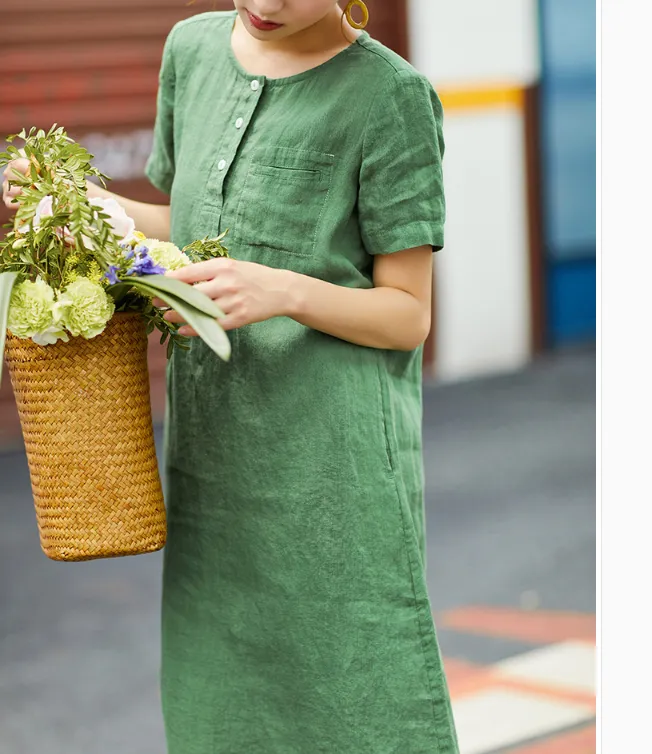 Women Dresses Ramie Casual Summer Buttons Linen Shirts Women Dresses SJ97215