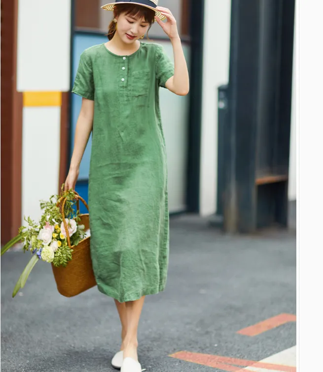 Women Dresses Ramie Casual Summer Buttons Linen Shirts Women Dresses SJ97215