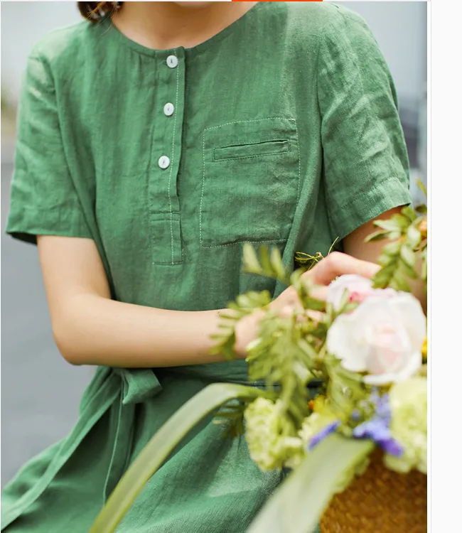 Women Dresses Ramie Casual Summer Buttons Linen Shirts Women Dresses SJ97215