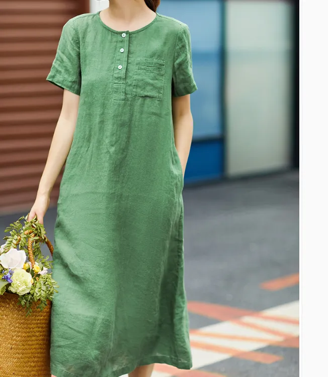 Women Dresses Ramie Casual Summer Buttons Linen Shirts Women Dresses SJ97215