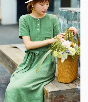 Women Dresses Ramie Casual Summer Buttons Linen Shirts Women Dresses SJ97215