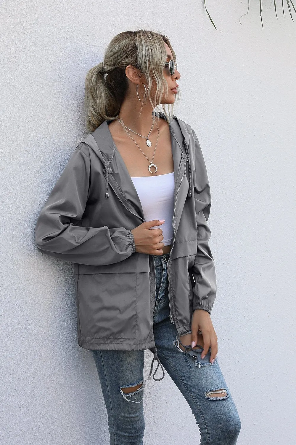 Women  Zipper Lightweight Outdoor Hiking Waterproof Raincoat Jacket