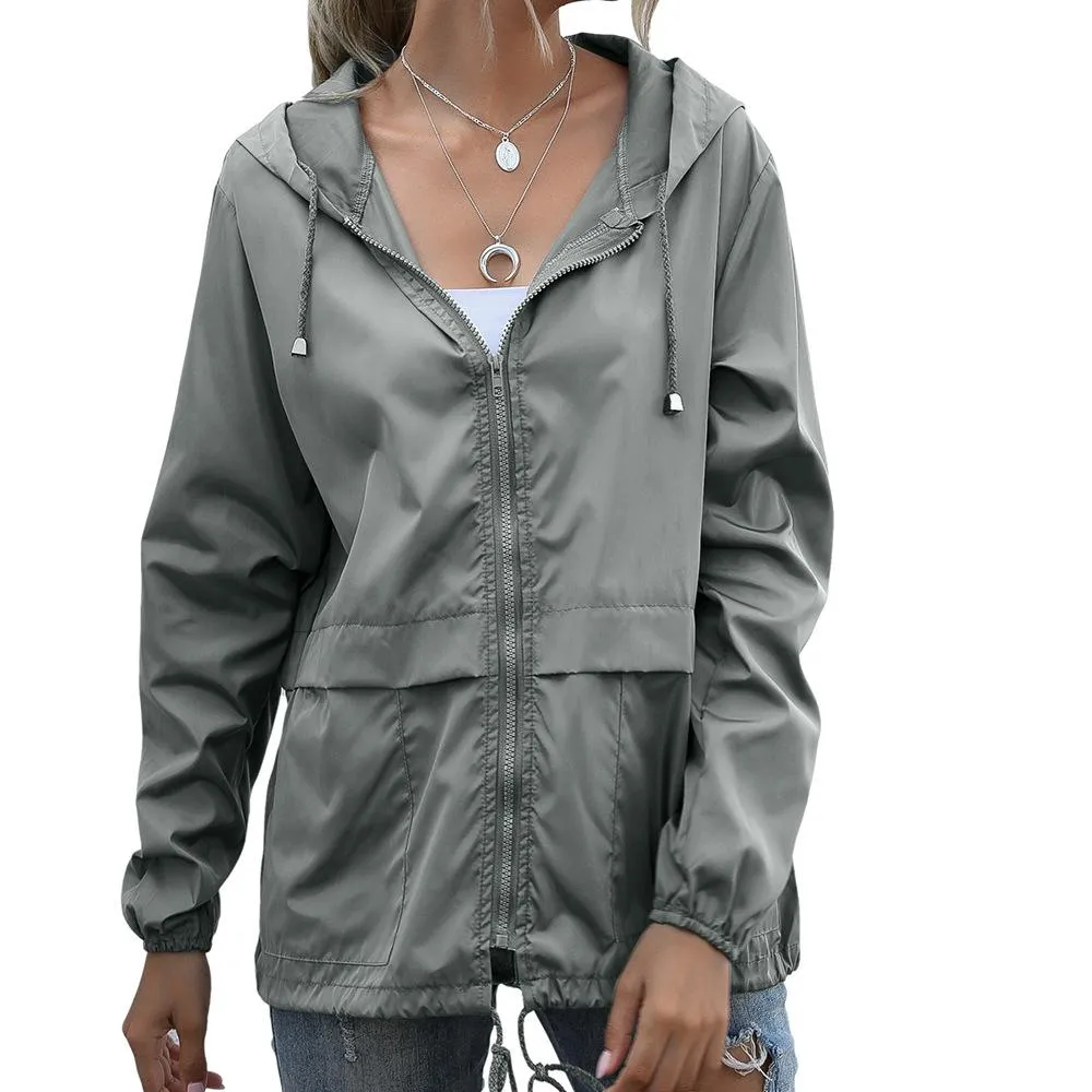 Women  Zipper Lightweight Outdoor Hiking Waterproof Raincoat Jacket