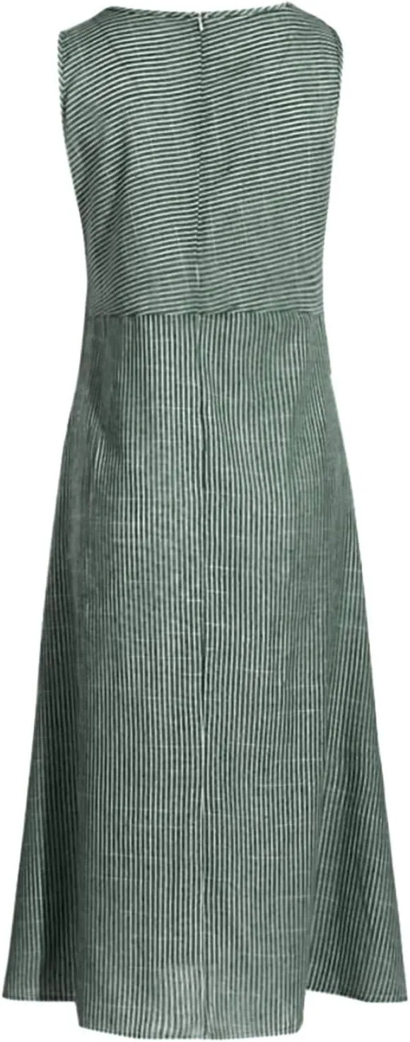 Women's Dresses Summer Casual Striped Sleeveless Round Neck Linen with Pockets Long Maxi Dress Spring, S-2XL