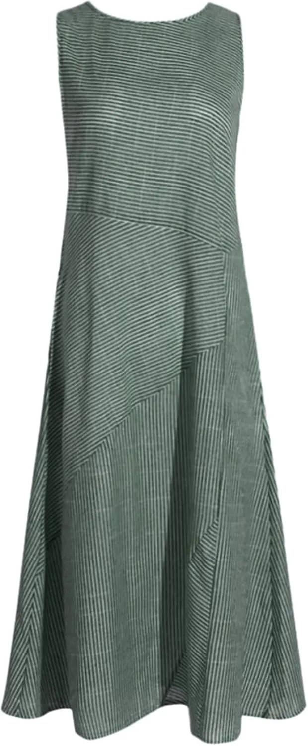 Women's Dresses Summer Casual Striped Sleeveless Round Neck Linen with Pockets Long Maxi Dress Spring, S-2XL