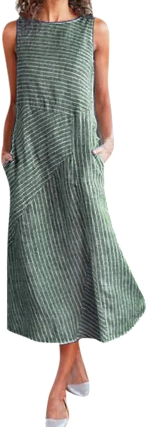 Women's Dresses Summer Casual Striped Sleeveless Round Neck Linen with Pockets Long Maxi Dress Spring, S-2XL