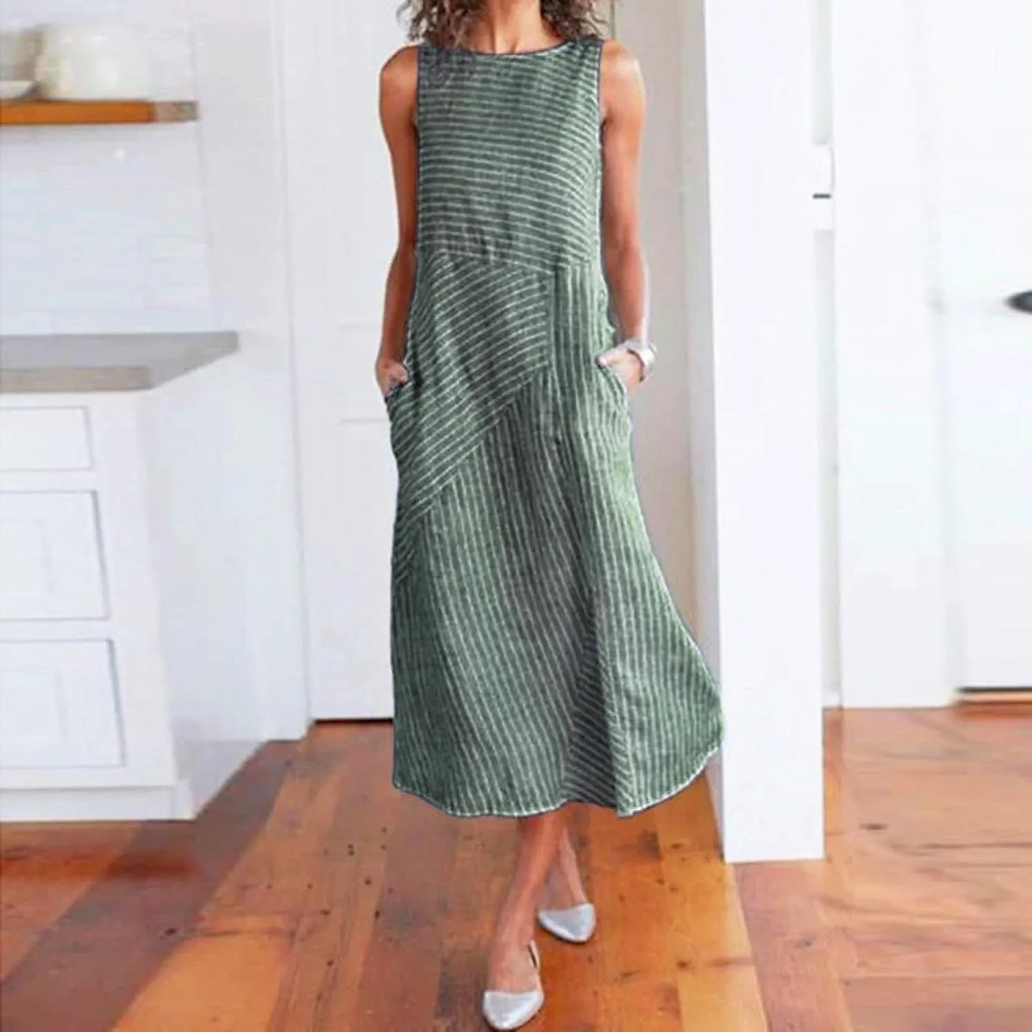 Women's Dresses Summer Casual Striped Sleeveless Round Neck Linen with Pockets Long Maxi Dress Spring, S-2XL