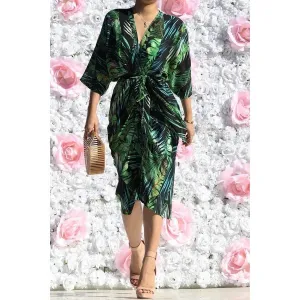 Women's Esmeray Black & Leaf Print Button Down Waist Tie Midi Dress