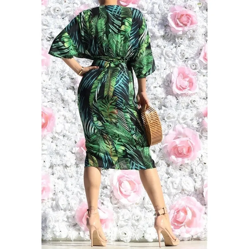 Women's Esmeray Black & Leaf Print Button Down Waist Tie Midi Dress