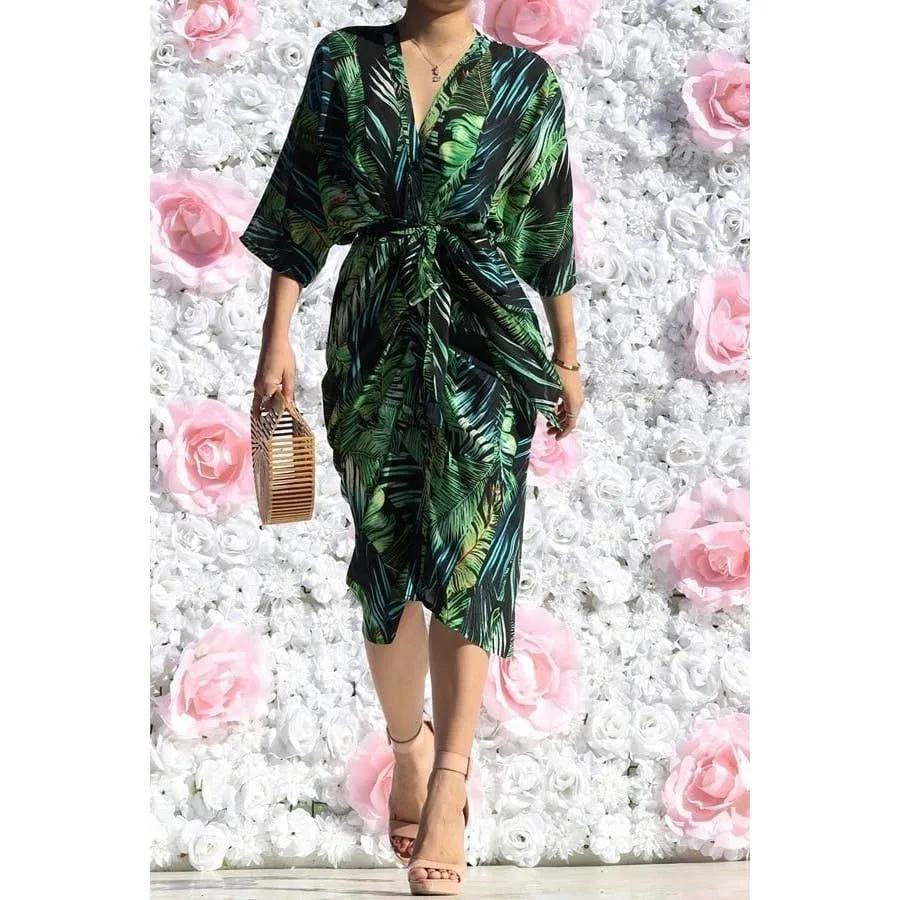 Women's Esmeray Black & Leaf Print Button Down Waist Tie Midi Dress