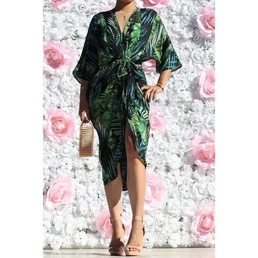 Women's Esmeray Black & Leaf Print Button Down Waist Tie Midi Dress