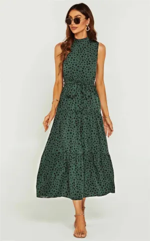 Women’s FS Collection Halter neck Maxi layer dress; green & black leopard print tie waist