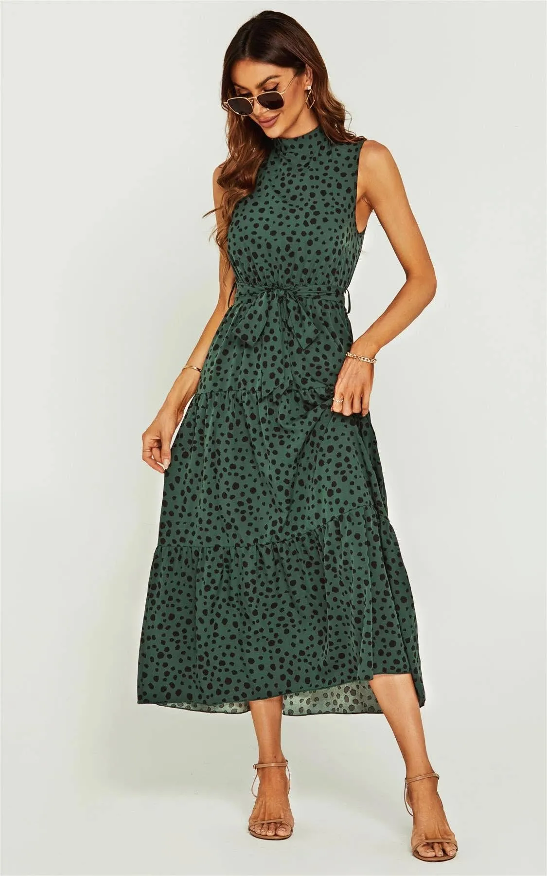 Women’s FS Collection Halter neck Maxi layer dress; green & black leopard print tie waist