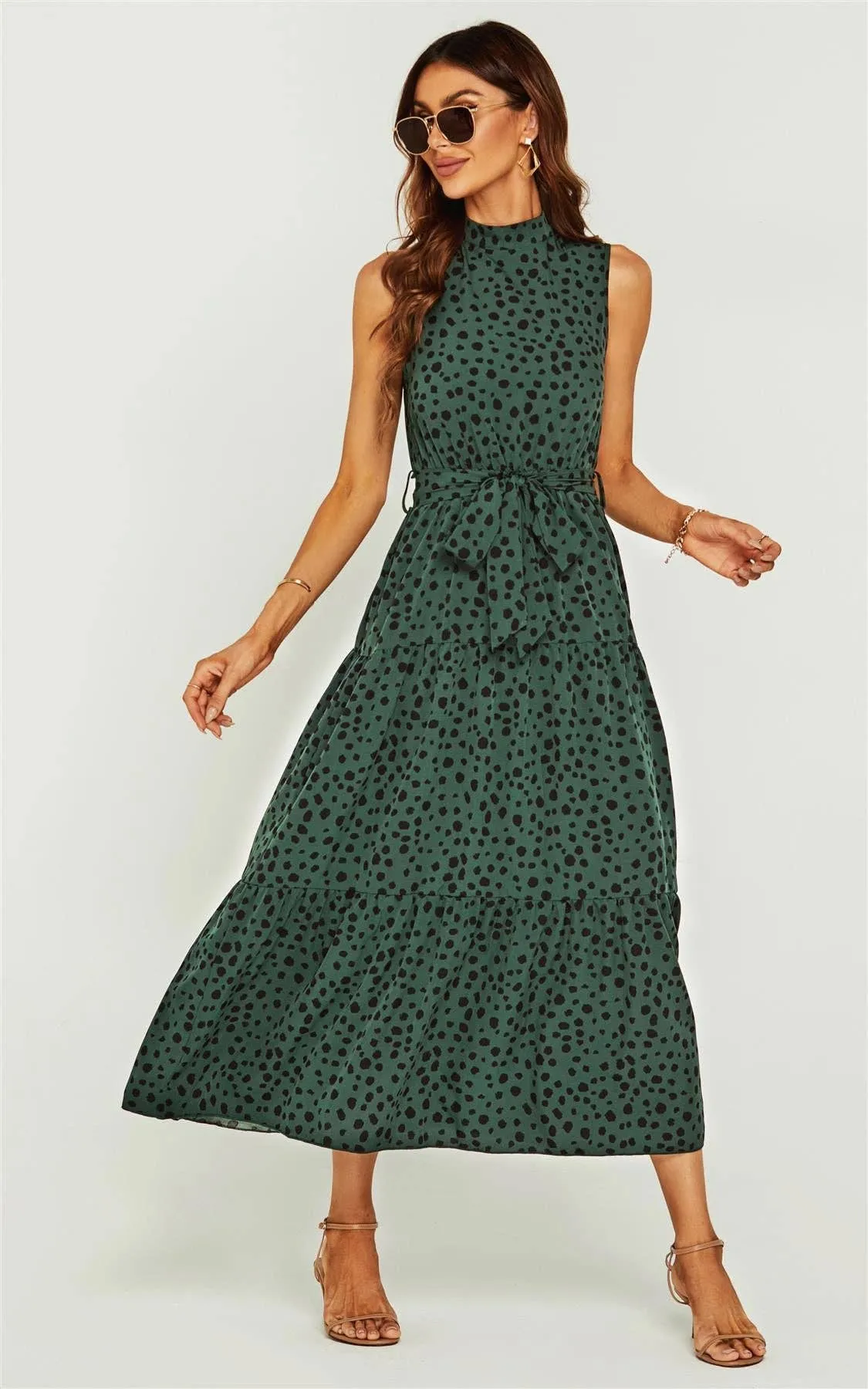 Women’s FS Collection Halter neck Maxi layer dress; green & black leopard print tie waist