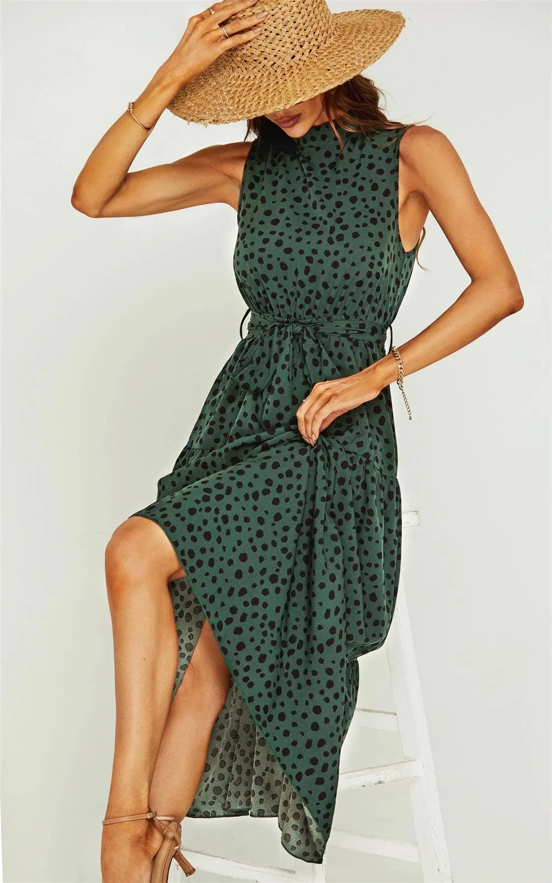 Women’s FS Collection Halter neck Maxi layer dress; green & black leopard print tie waist
