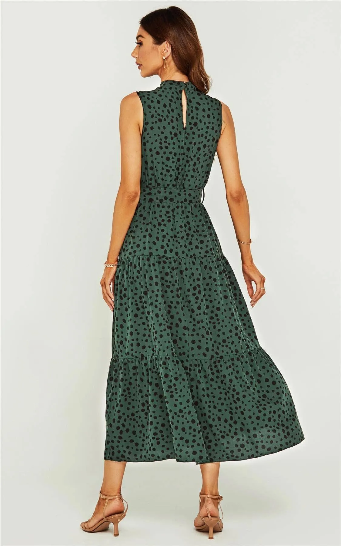 Women’s FS Collection Halter neck Maxi layer dress; green & black leopard print tie waist