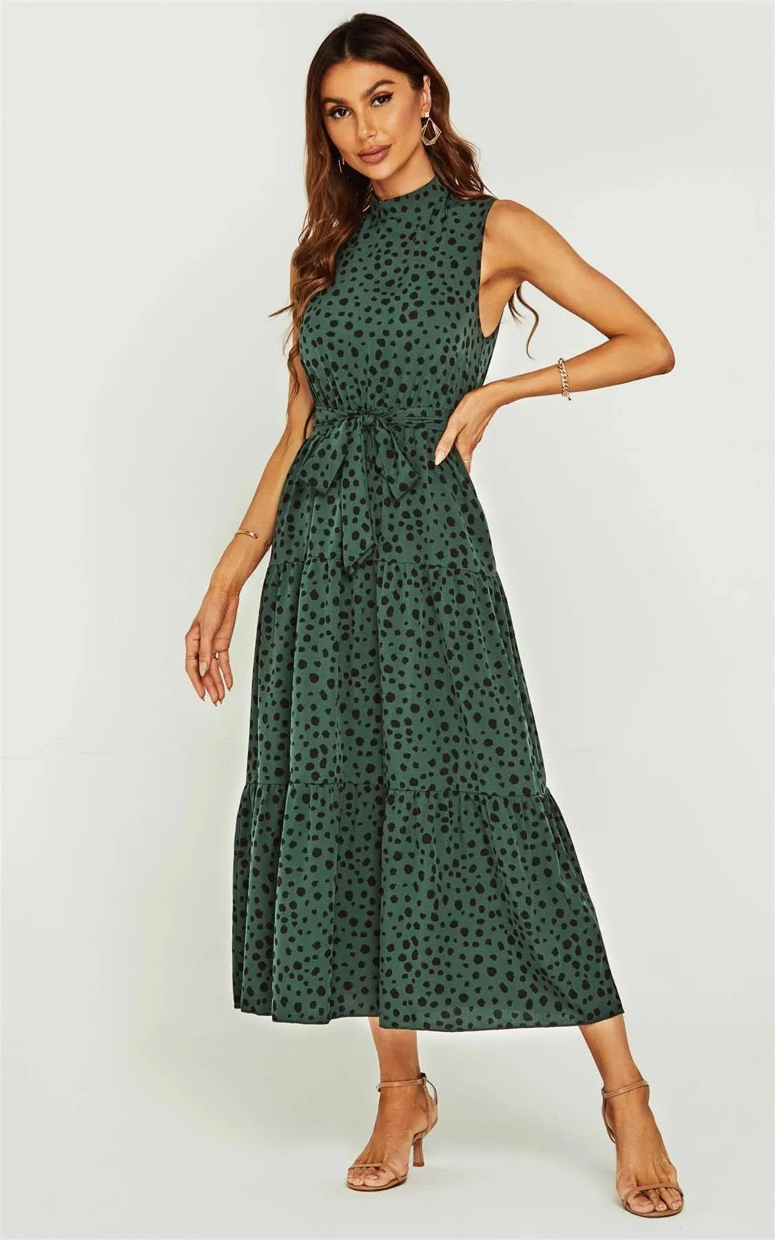 Women’s FS Collection Halter neck Maxi layer dress; green & black leopard print tie waist