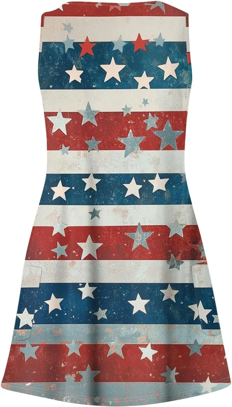Women's Summer Dresses 4Th July Dresses V Neck Sleeveless Tank Sundresses with Pockets Floral Mini Dress, S-2XL