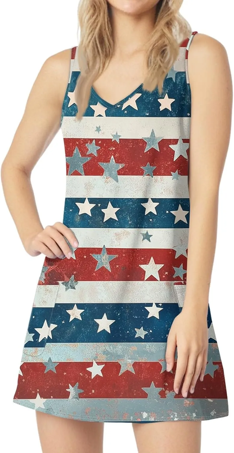 Women's Summer Dresses 4Th July Dresses V Neck Sleeveless Tank Sundresses with Pockets Floral Mini Dress, S-2XL