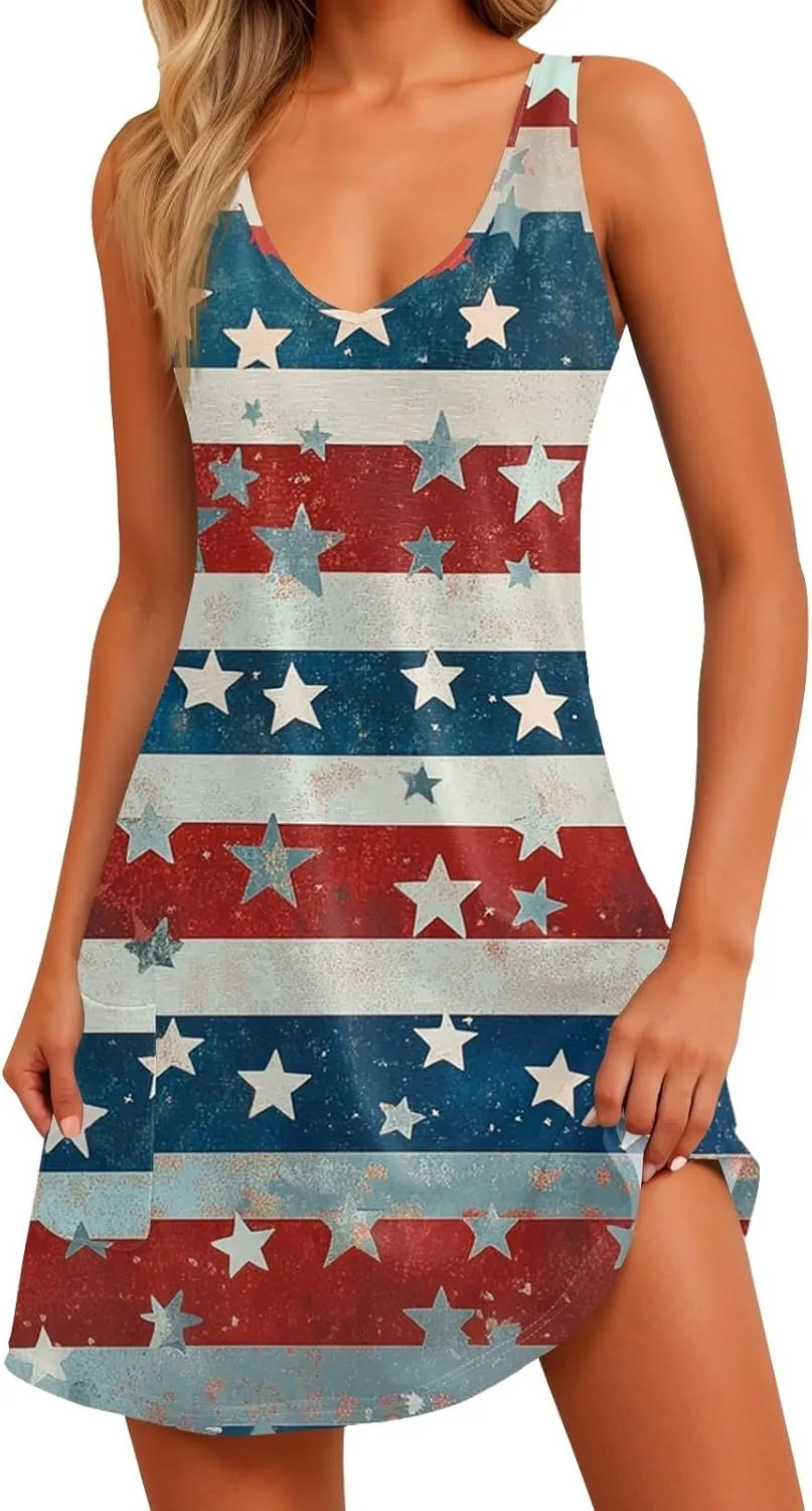 Women's Summer Dresses 4Th July Dresses V Neck Sleeveless Tank Sundresses with Pockets Floral Mini Dress, S-2XL