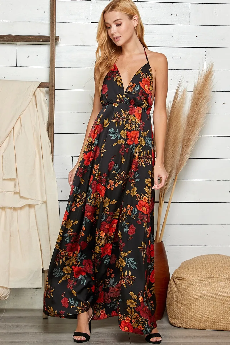 Women's Sweet Lemon Floral Print Halter Neck Maxi Dress
