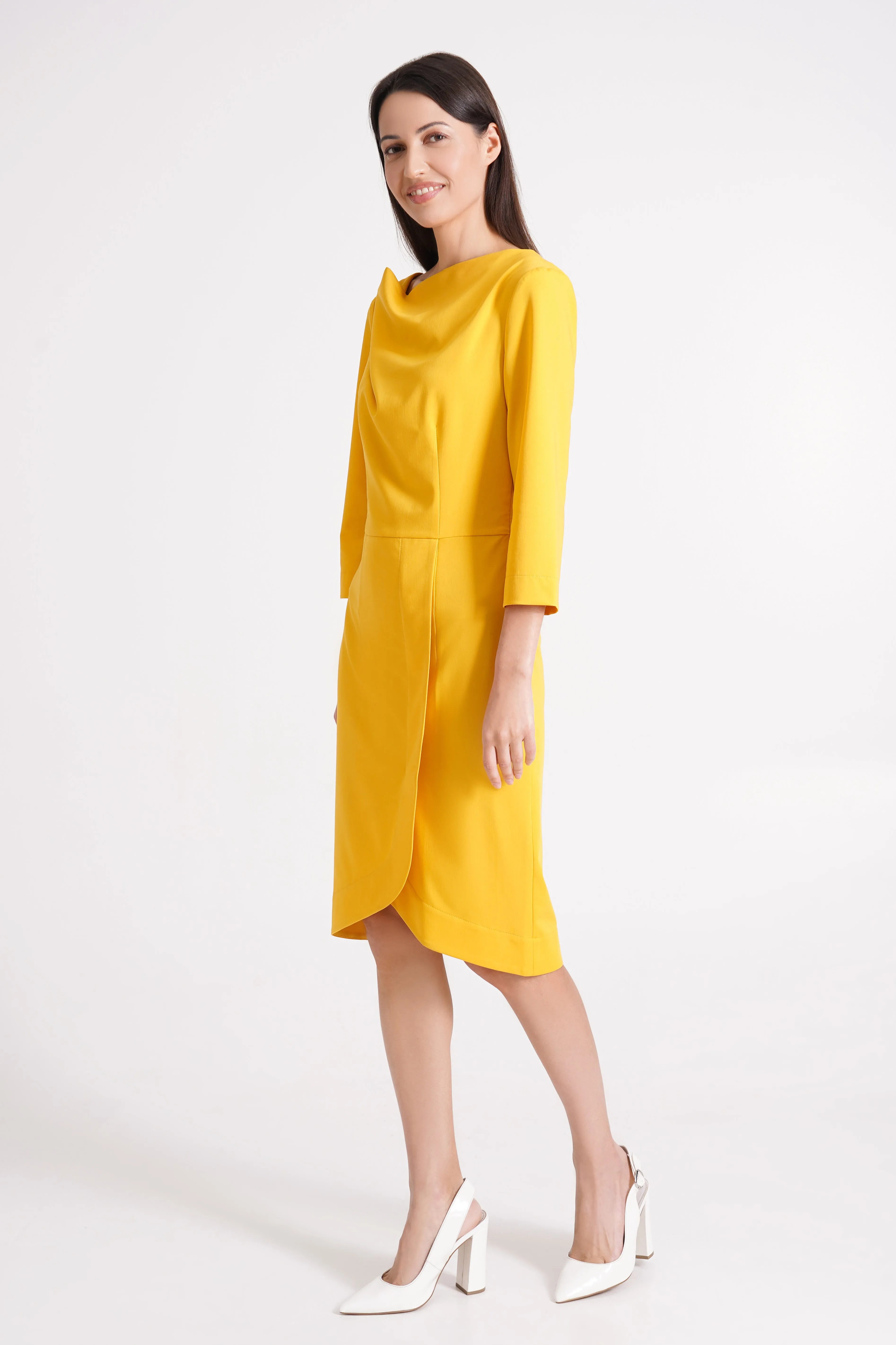 Yellow cowl neck dress with sleeves