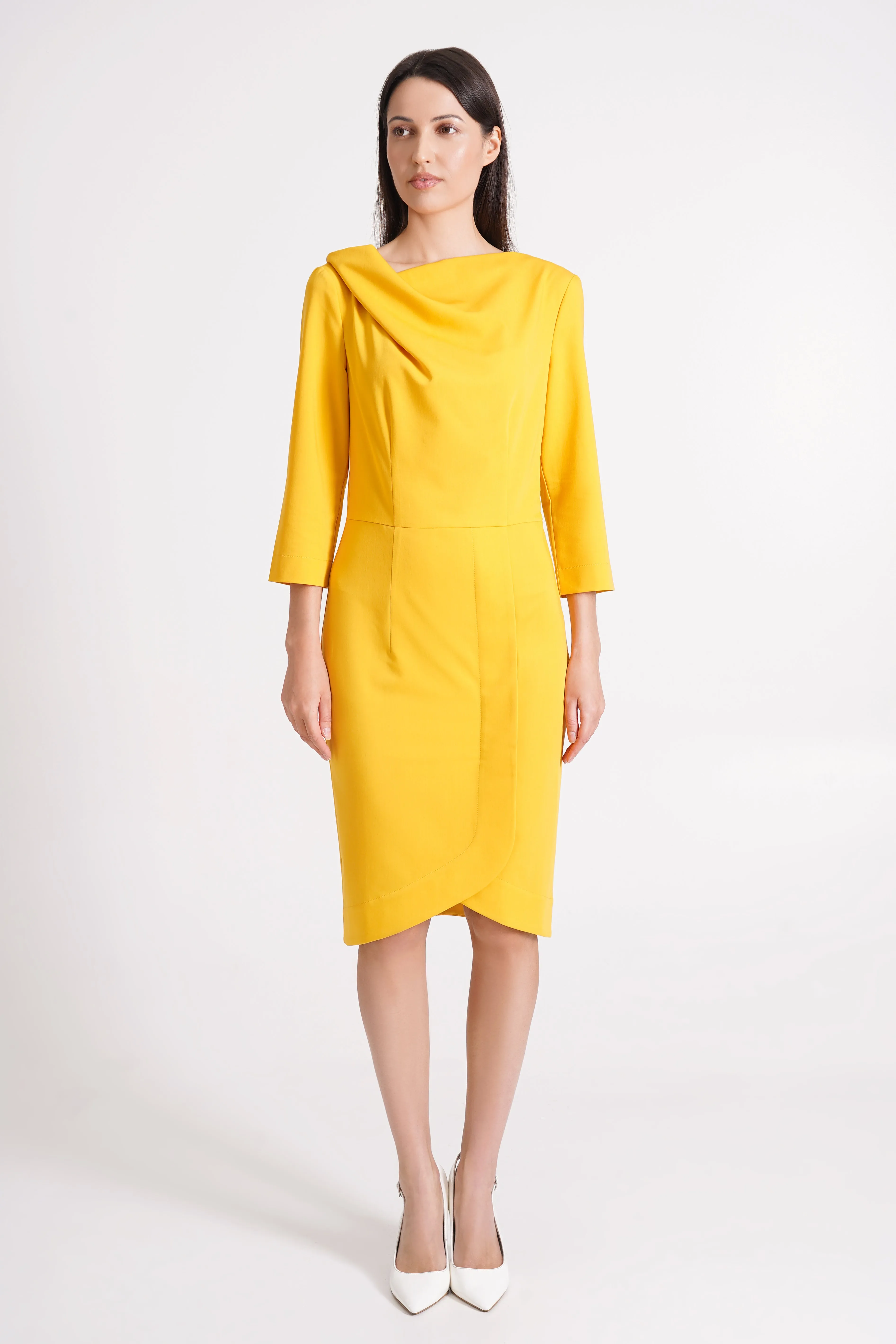 Yellow cowl neck dress with sleeves