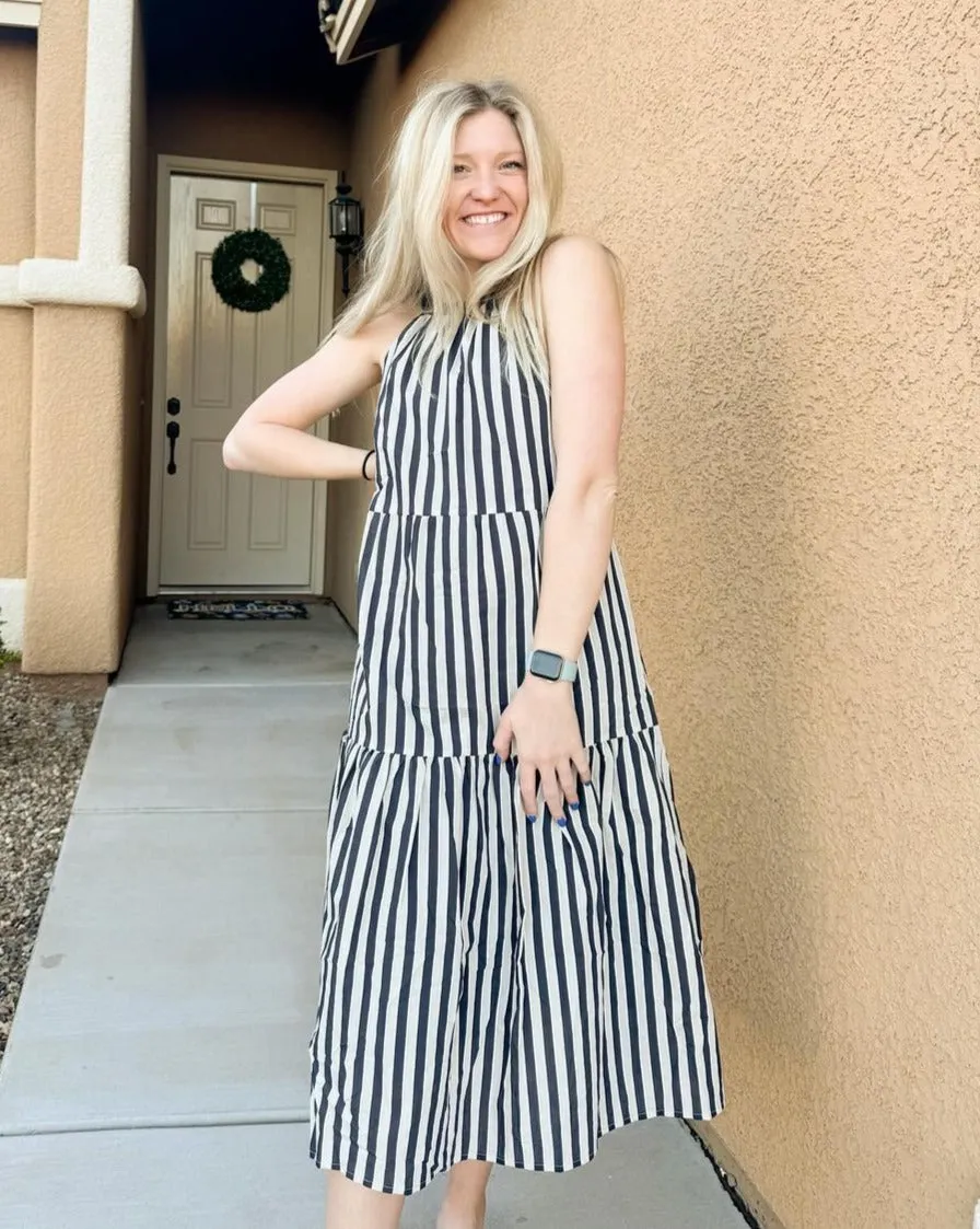 ZESICA Halter Boho Striped Sleeveless Tiered Flowy Maxi Dress