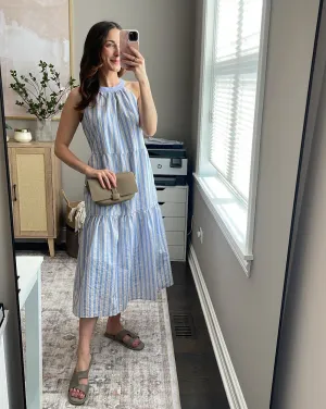 ZESICA Halter Boho Striped Sleeveless Tiered Flowy Maxi Dress